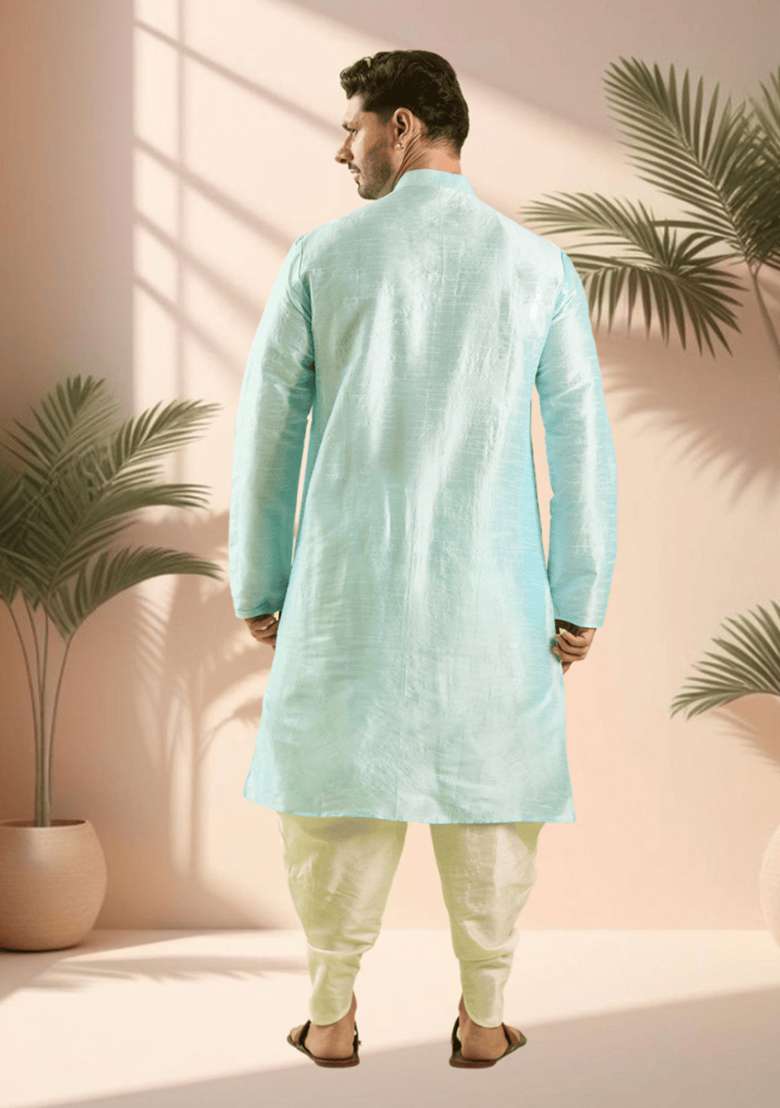 Sky Blue Embroidered Silk Blend Kurta Set For Men - Indya