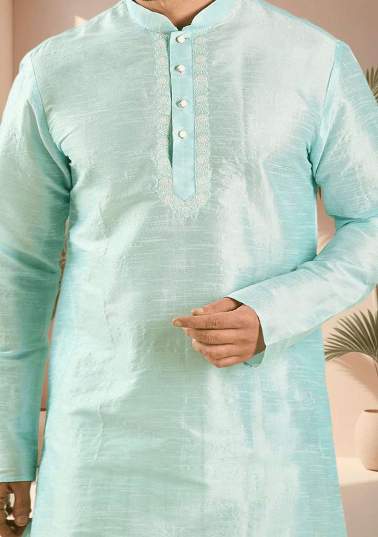 Sky Blue Embroidered Silk Blend Kurta Set For Men - Indya