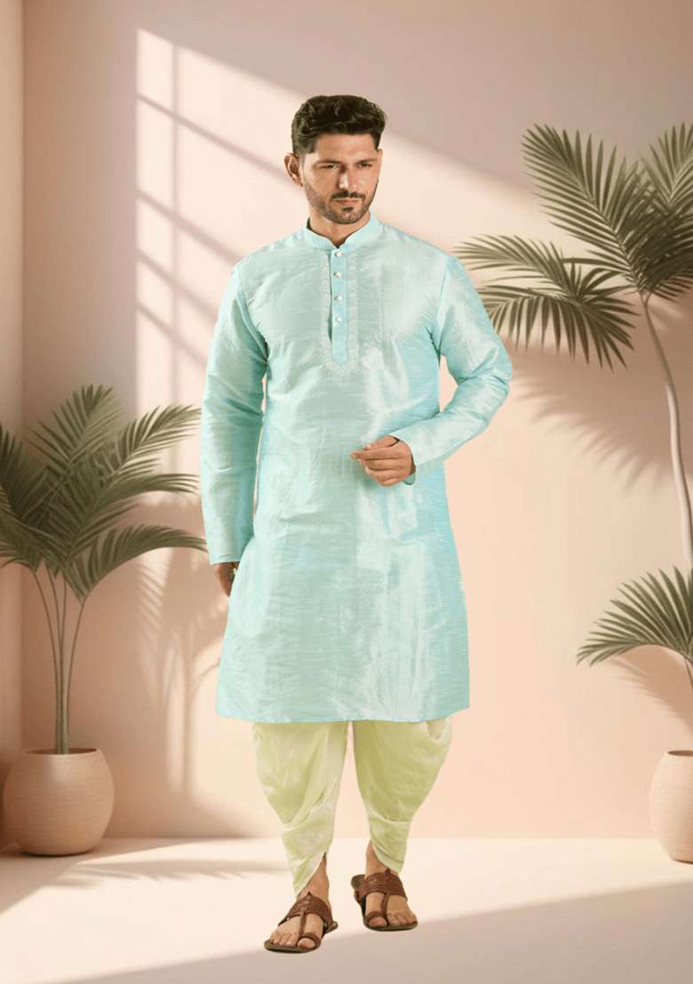 Sky Blue Embroidered Silk Blend Kurta Set For Men - Indya