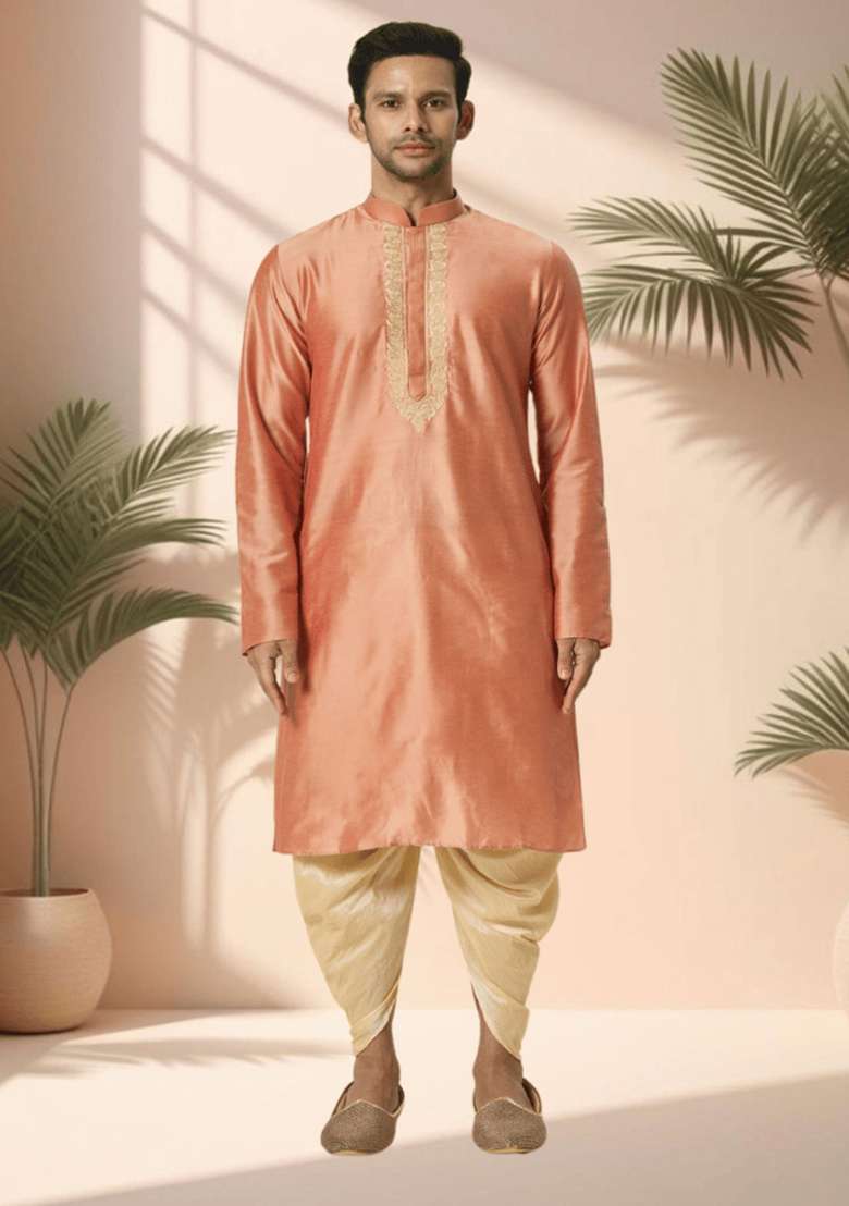 Chiku Brown Embroidered Poly Blend Kurta Set For Men - Indya