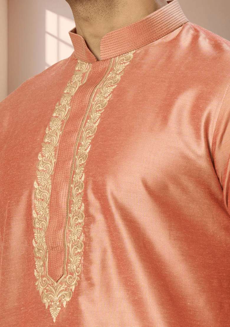 Chiku Brown Embroidered Poly Blend Kurta Set For Men - Indya