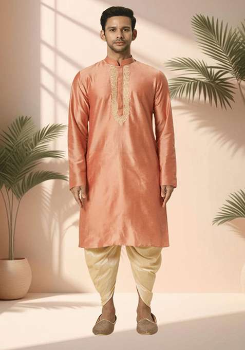 Chiku Brown Embroidered Poly Blend Kurta Set For Men