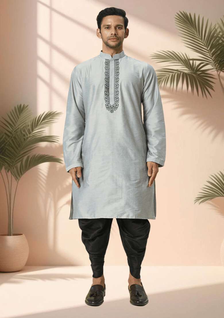 Grey Embroidered Poly Blend Kurta Set For Men - Indya