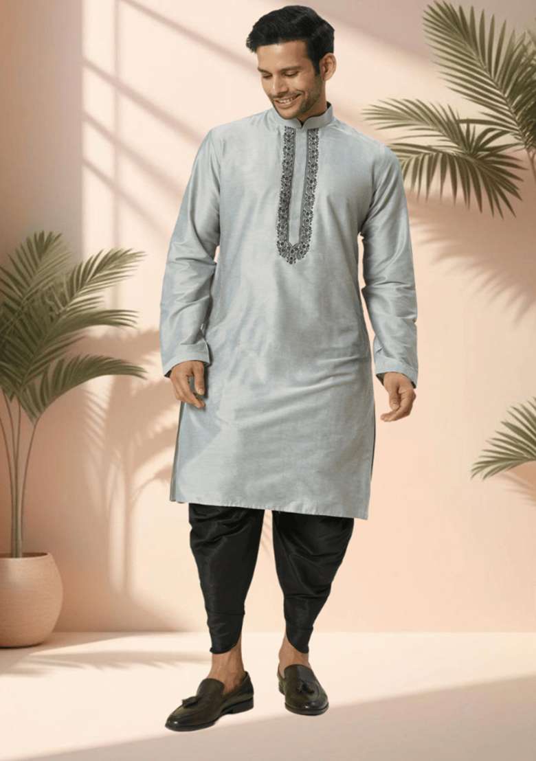 Grey Embroidered Poly Blend Kurta Set For Men - Indya