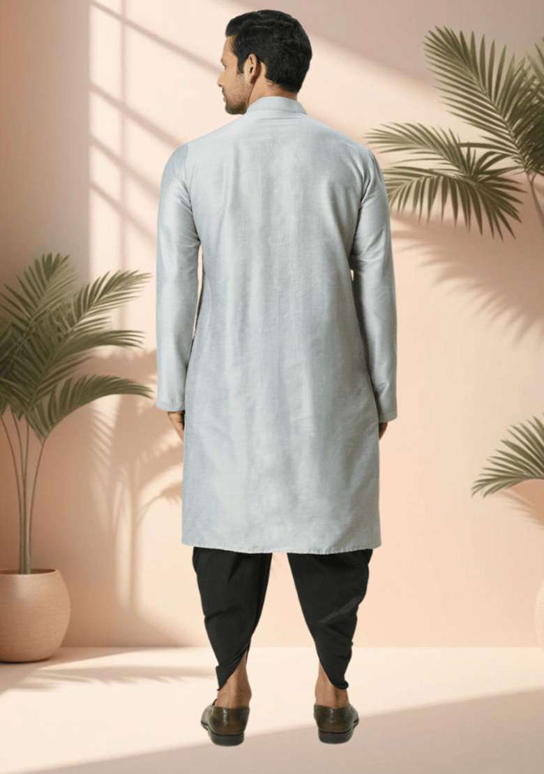 Grey Embroidered Poly Blend Kurta Set For Men - Indya