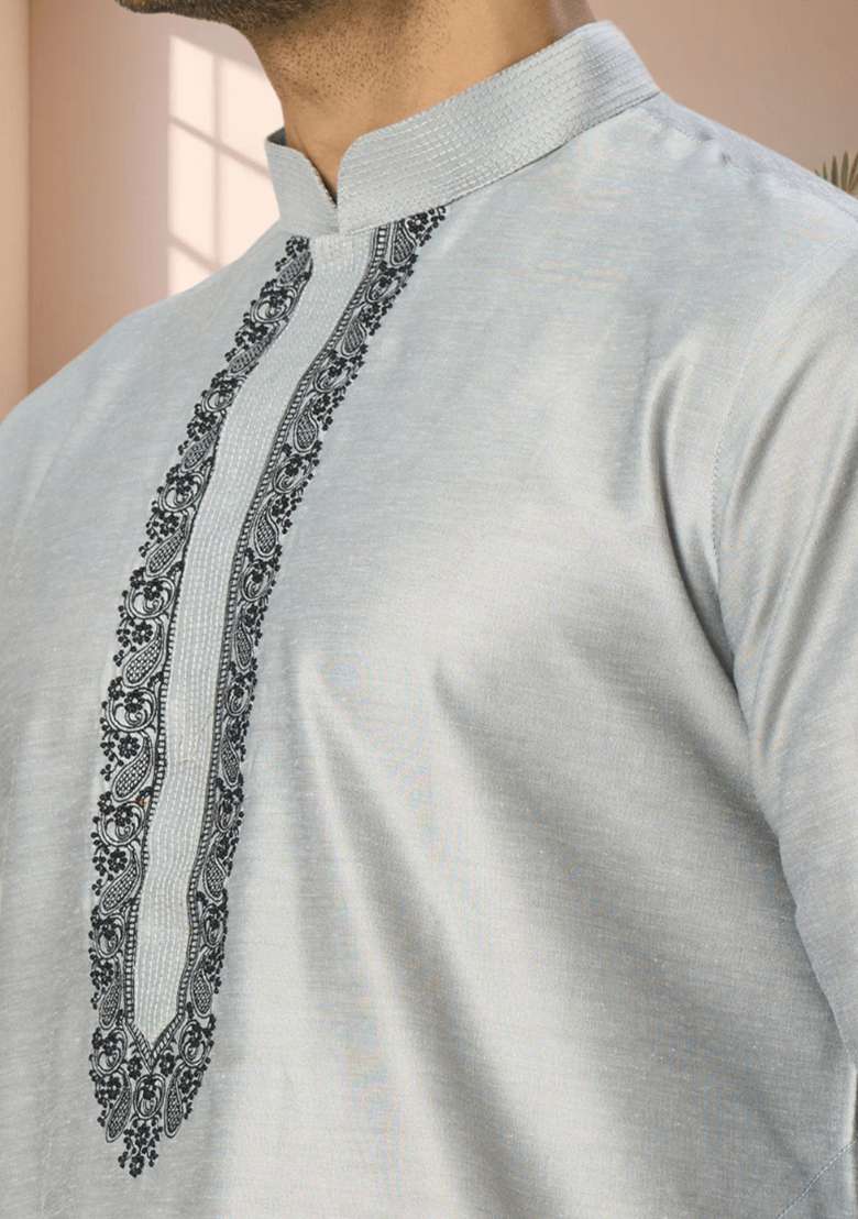Grey Embroidered Poly Blend Kurta Set For Men - Indya