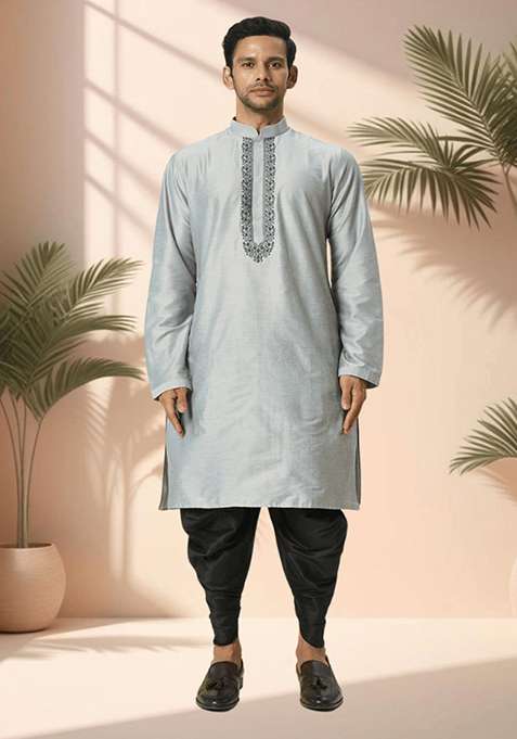 Grey Embroidered Poly Blend Kurta Set For Men