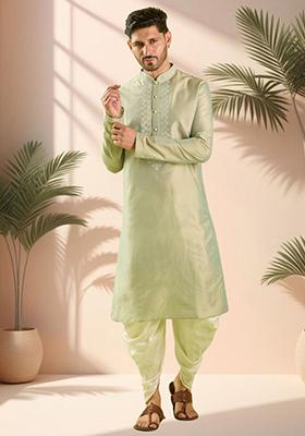 Sea Green Embroidered Silk Blend Kurta Set For Men