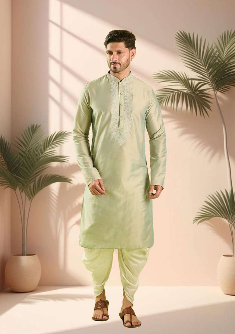 Sea Green Embroidered Silk Blend Kurta Set For Men - Indya