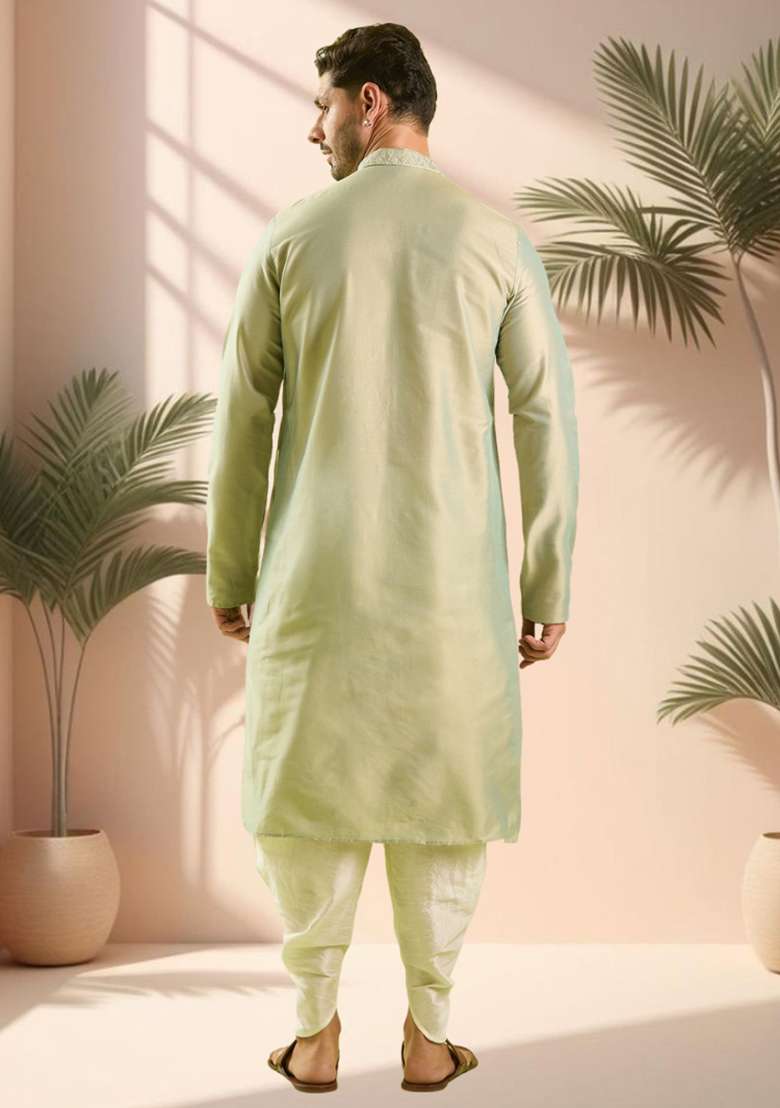 Sea Green Embroidered Silk Blend Kurta Set For Men - Indya