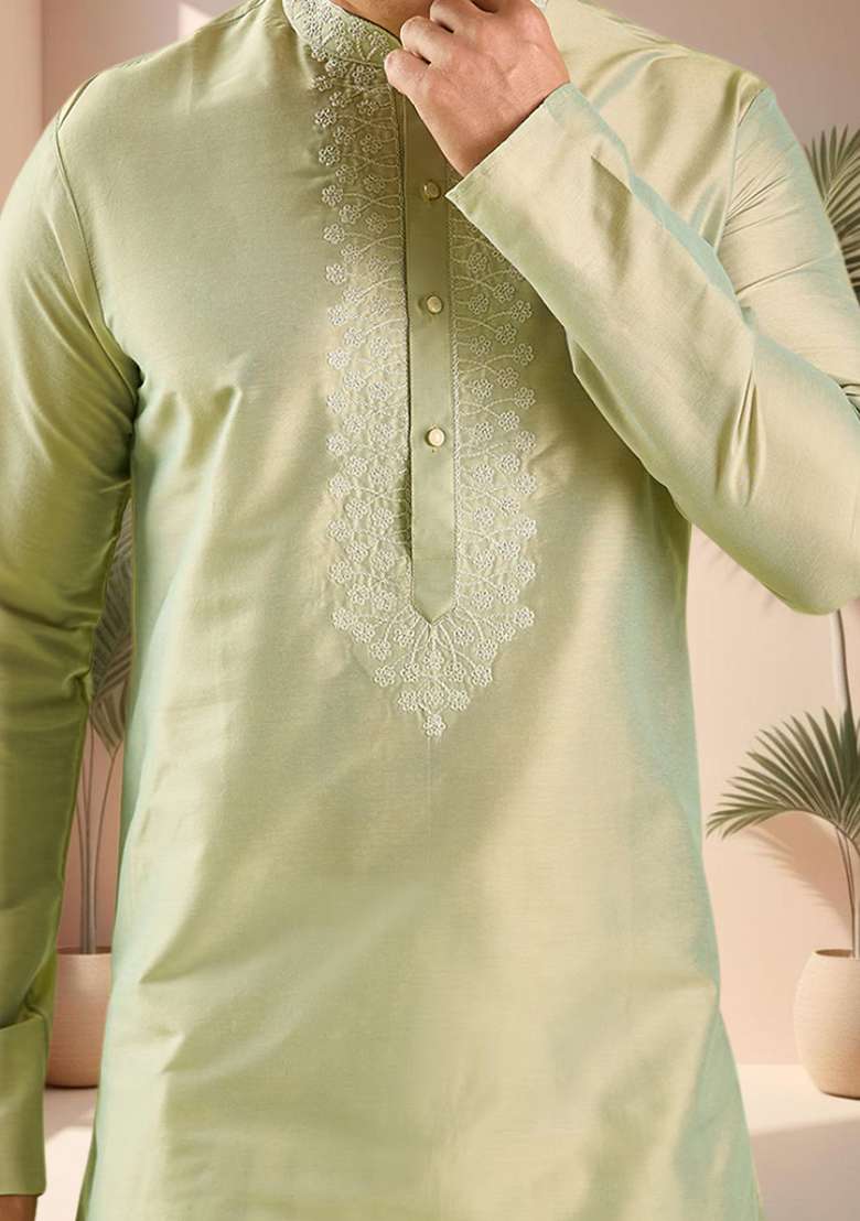 Sea Green Embroidered Silk Blend Kurta Set For Men - Indya