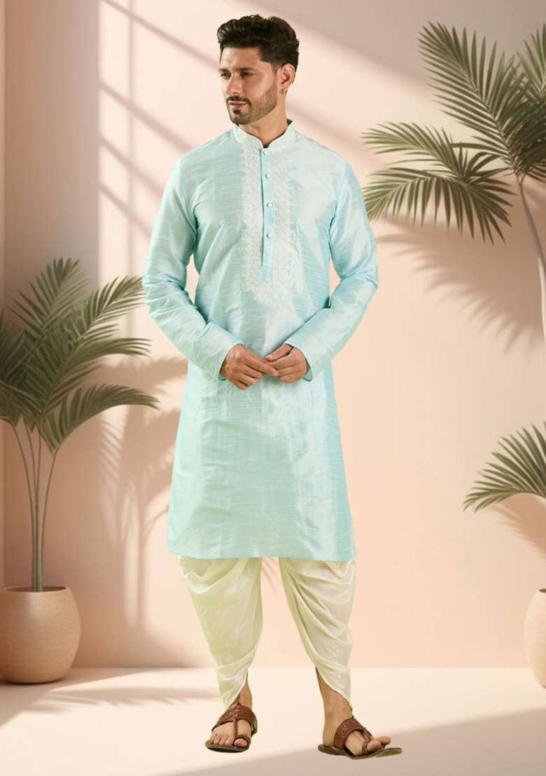 Sky Blue Embroidered Silk Blend Kurta Set For Men - Indya
