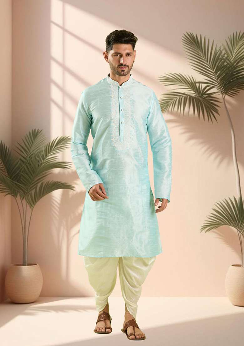 Sky Blue Embroidered Silk Blend Kurta Set For Men - Indya