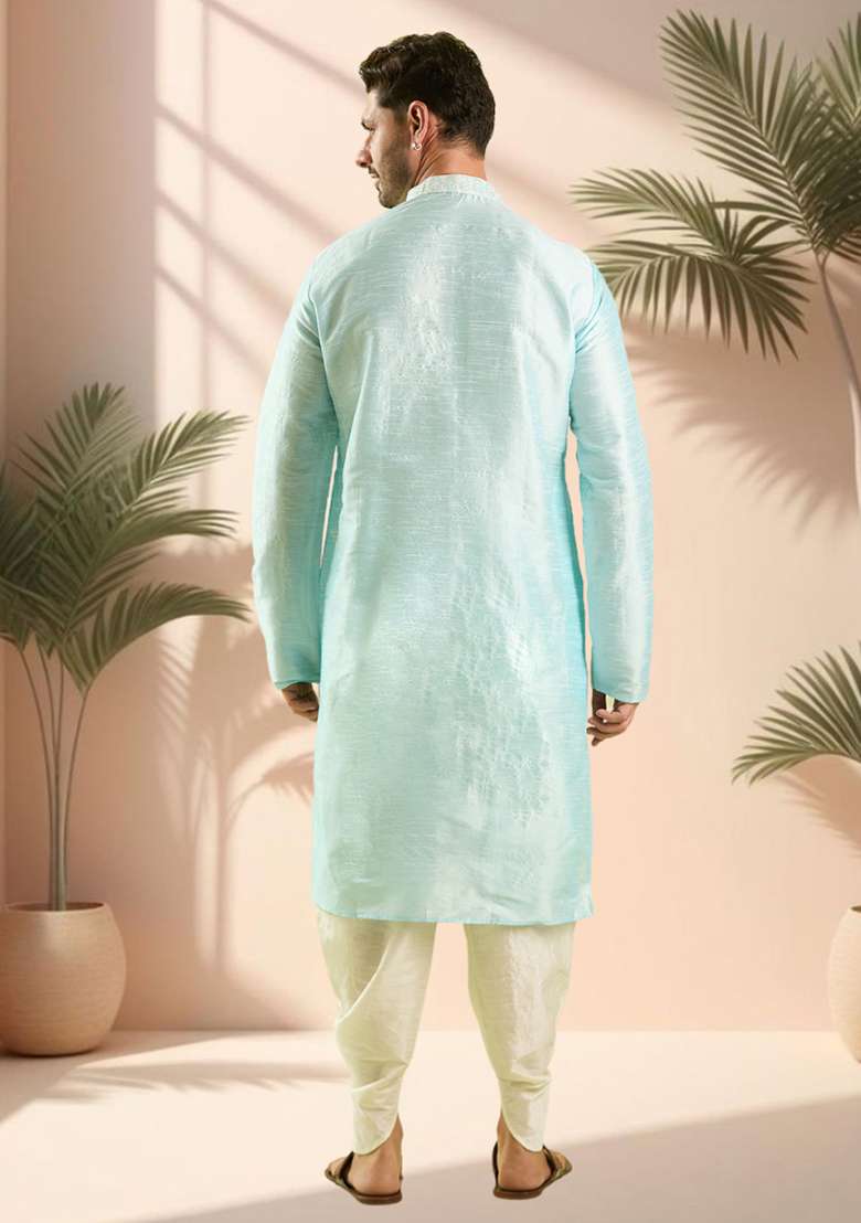 Sky Blue Embroidered Silk Blend Kurta Set For Men - Indya