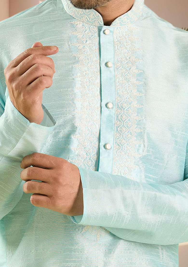 Sky Blue Embroidered Silk Blend Kurta Set For Men - Indya