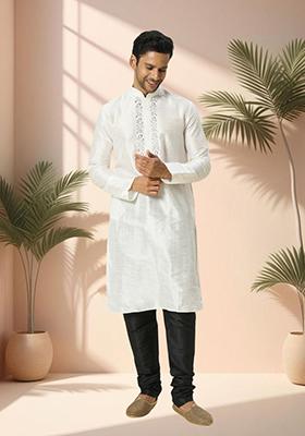 Off White Embroidered Silk Kurta Set For Men