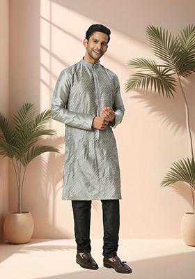 Grey Embroidered Silk Blend Kurta Set For Men