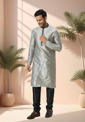 Grey Embroidered Silk Blend Kurta Set For Men
