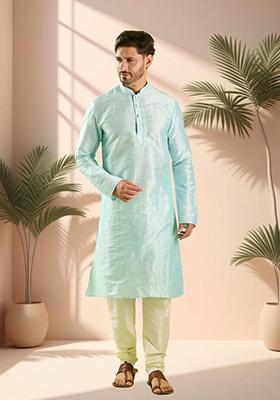 Sky Blue Embroidered Silk Kurta Set For Men