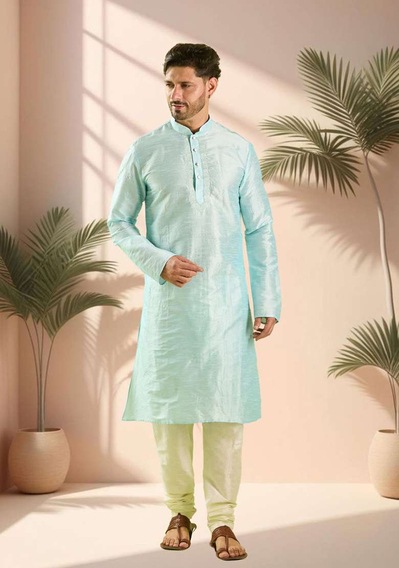 Sky Blue Embroidered Silk Blend Kurta Set For Men - Indya