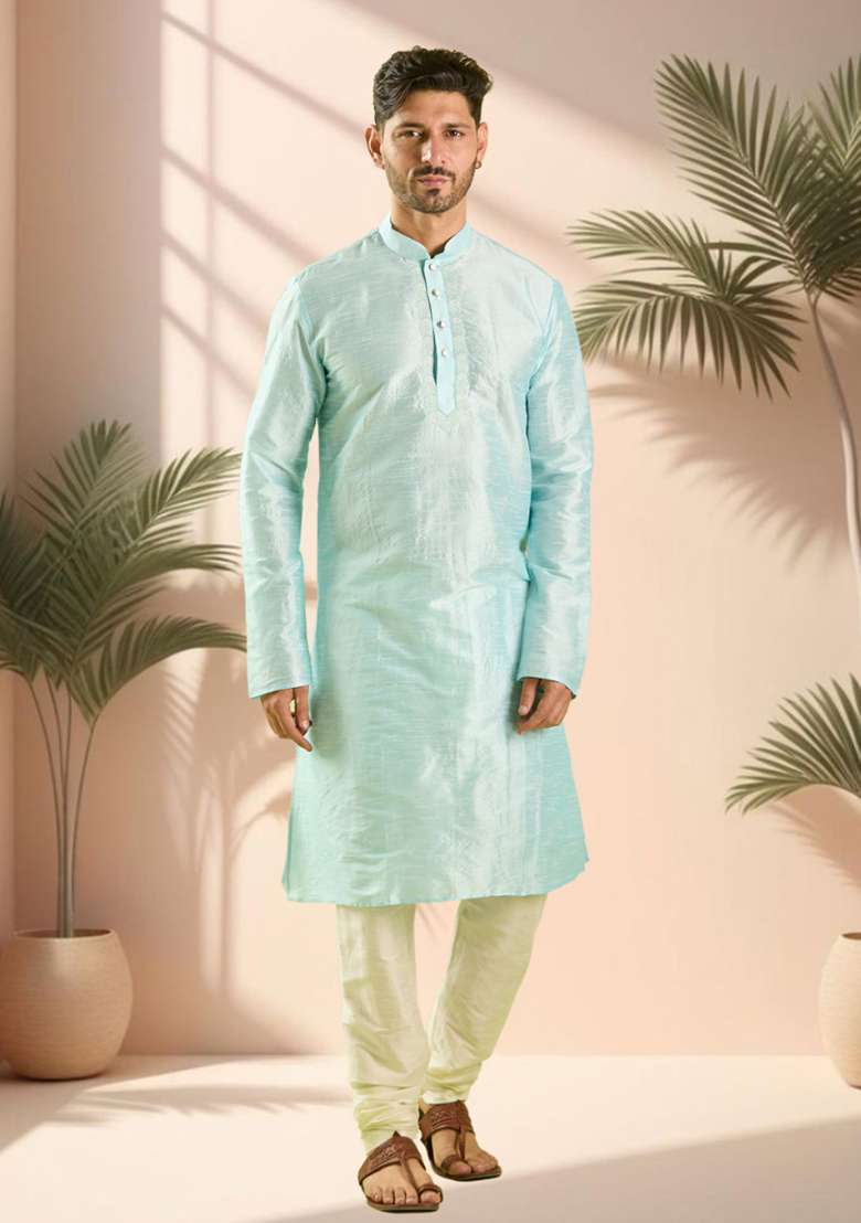 Sky Blue Embroidered Silk Blend Kurta Set For Men - Indya