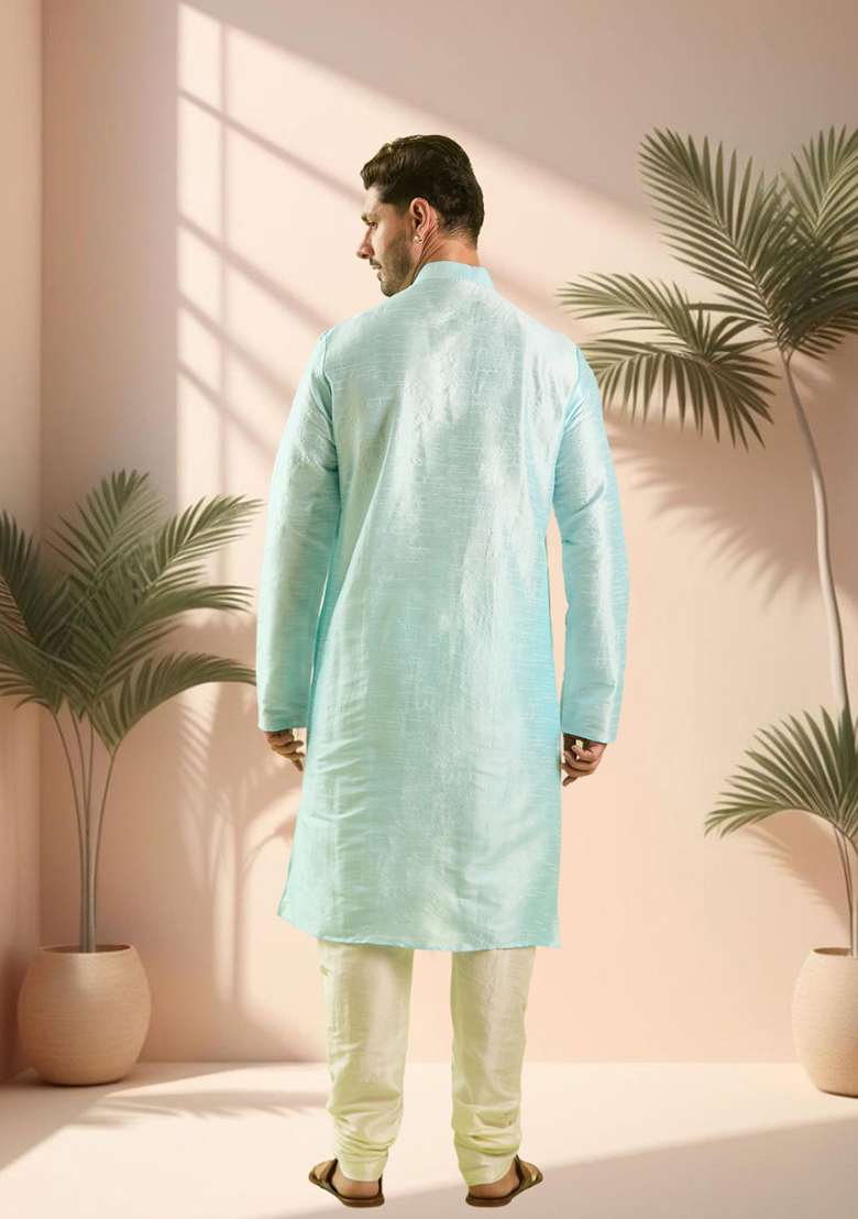 Sky Blue Embroidered Silk Blend Kurta Set For Men - Indya