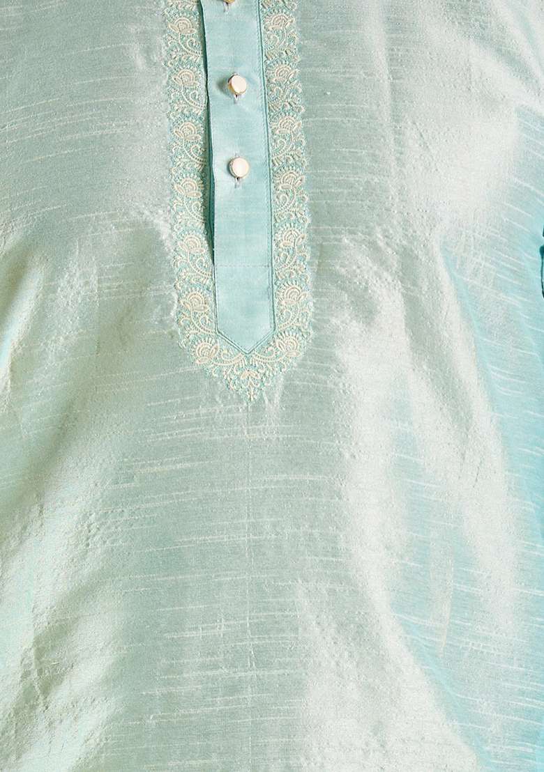 Sky Blue Embroidered Silk Blend Kurta Set For Men - Indya