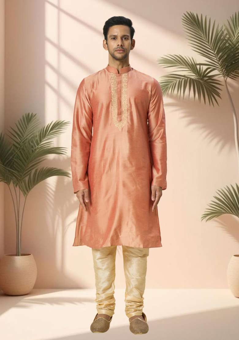 Peach Embroidered Poly Blend Kurta Set For Men - Indya