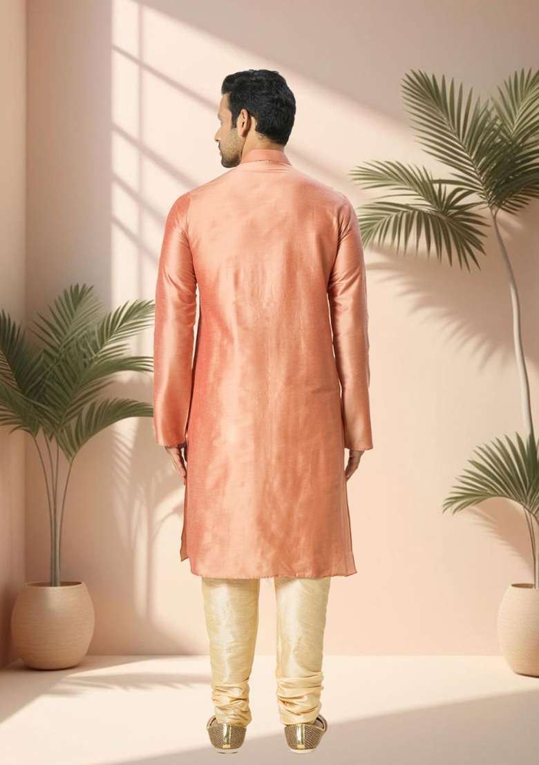 Peach Embroidered Poly Blend Kurta Set For Men - Indya
