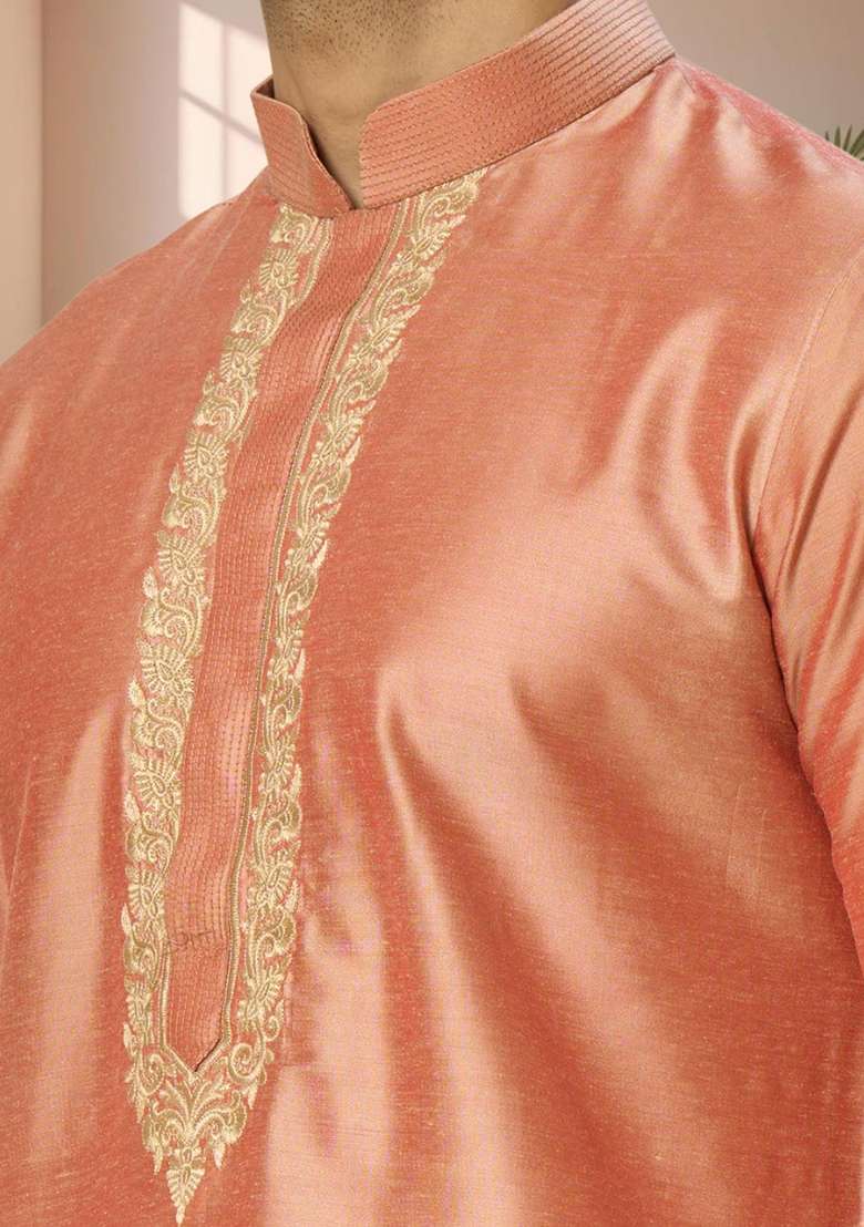 Peach Embroidered Poly Blend Kurta Set For Men - Indya