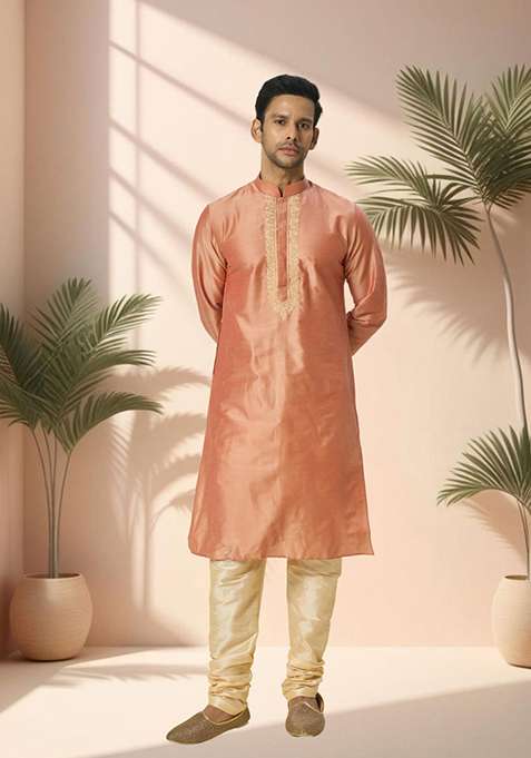 Peach Embroidered Poly Blend Kurta Set For Men
