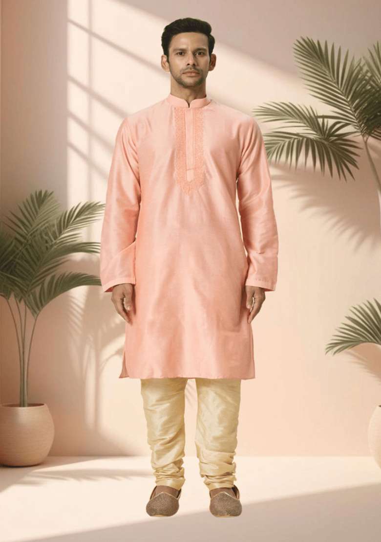 Powder Pink Embroidered Silk Blend Kurta Set For Men - Indya