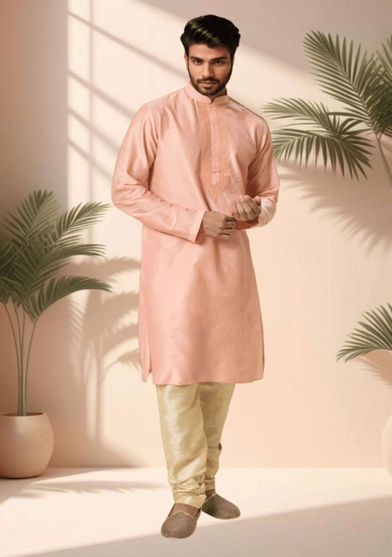 Powder Pink Embroidered Silk Blend Kurta Set For Men - Indya