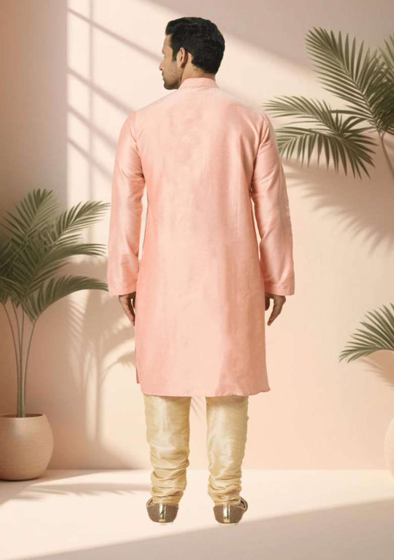 Powder Pink Embroidered Silk Blend Kurta Set For Men - Indya