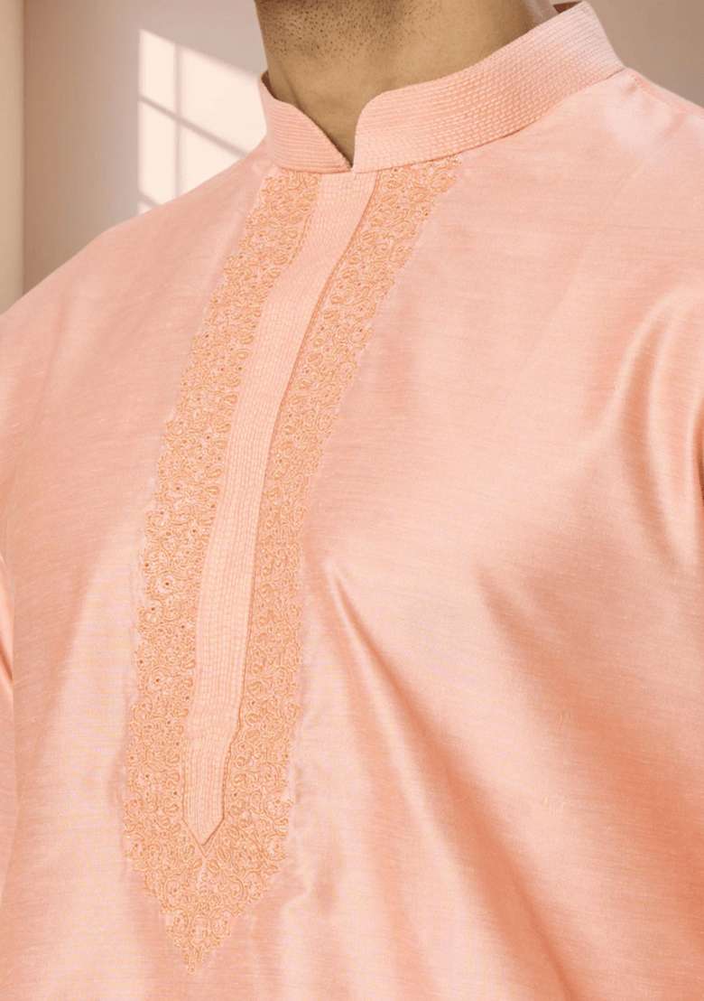 Powder Pink Embroidered Silk Blend Kurta Set For Men - Indya