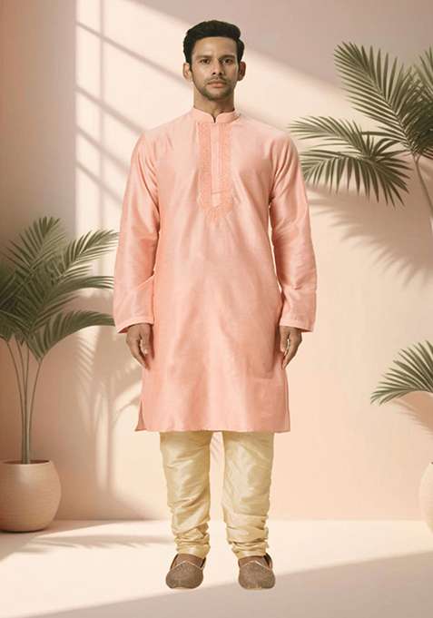 Powder Pink Embroidered Silk Blend Kurta Set For Men