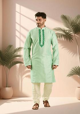 Pista Green Embroidered Silk Kurta Set For Men