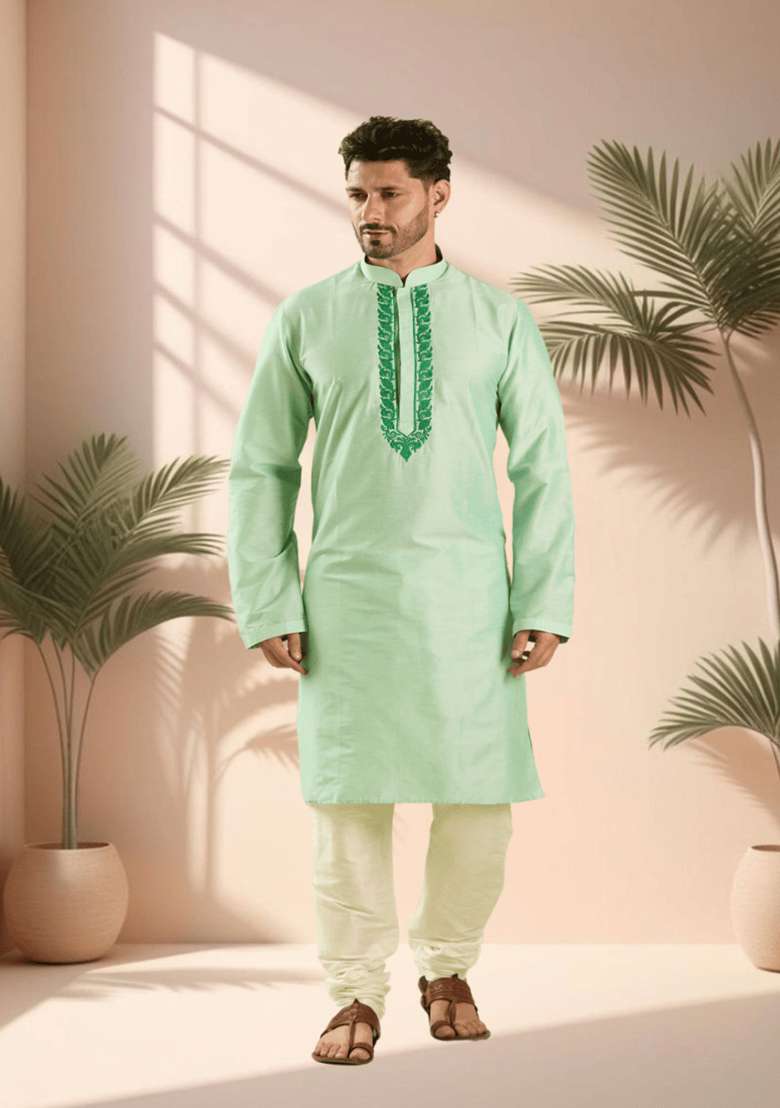 Pista Green Embroidered Silk Blend Kurta Set For Men - Indya