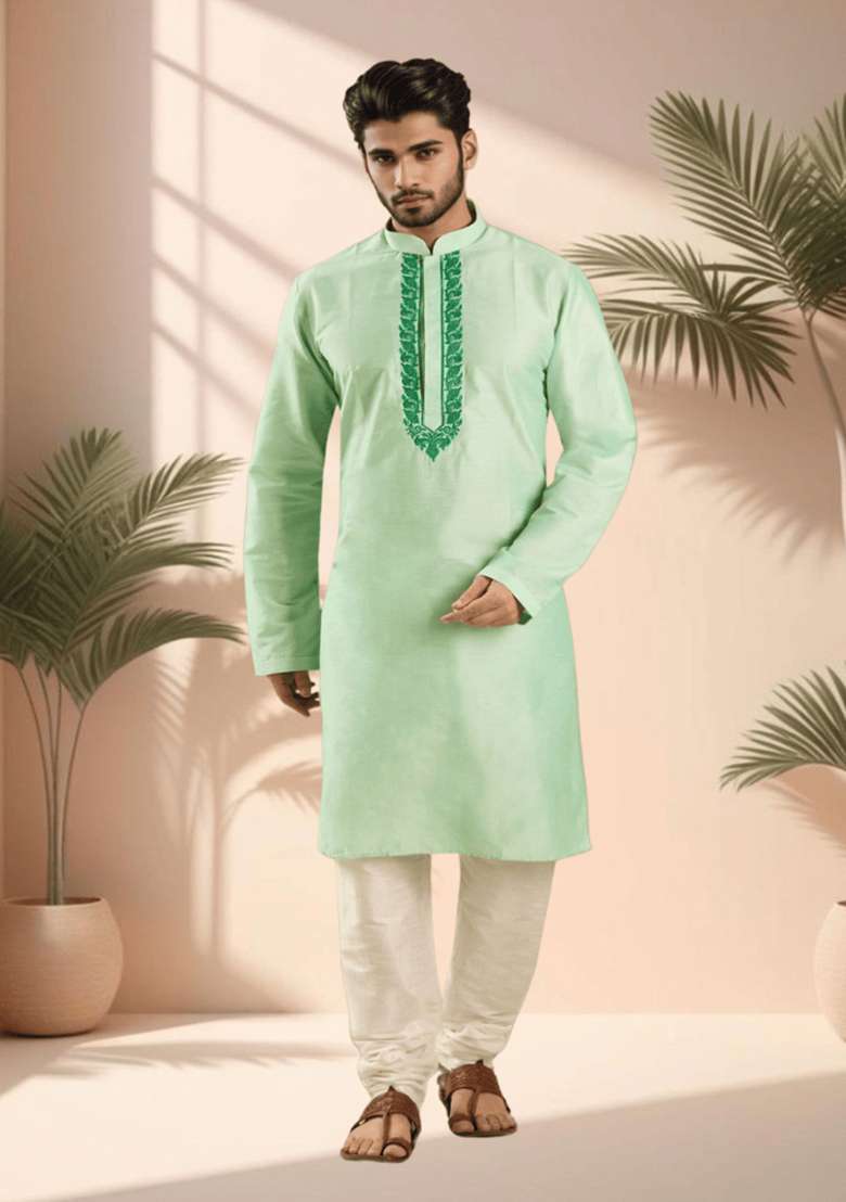 Pista Green Embroidered Silk Blend Kurta Set For Men - Indya