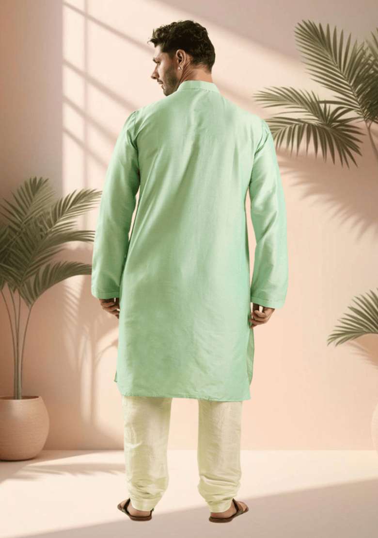 Pista Green Embroidered Silk Blend Kurta Set For Men - Indya