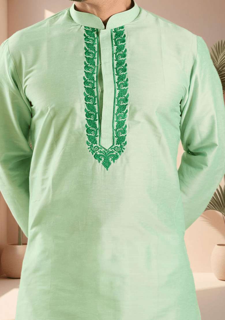 Pista Green Embroidered Silk Blend Kurta Set For Men - Indya