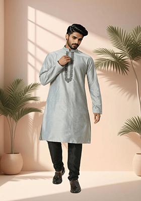 Grey Embroidered Silk Blend Kurta Set For Men