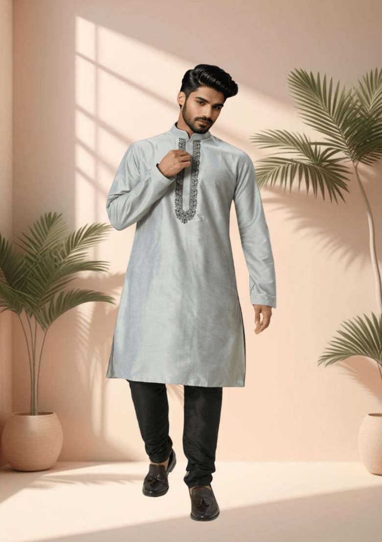 Grey Embroidered Silk Blend Kurta Set For Men - Indya