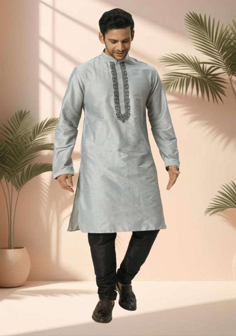 Grey Embroidered Silk Blend Kurta Set For Men - Indya