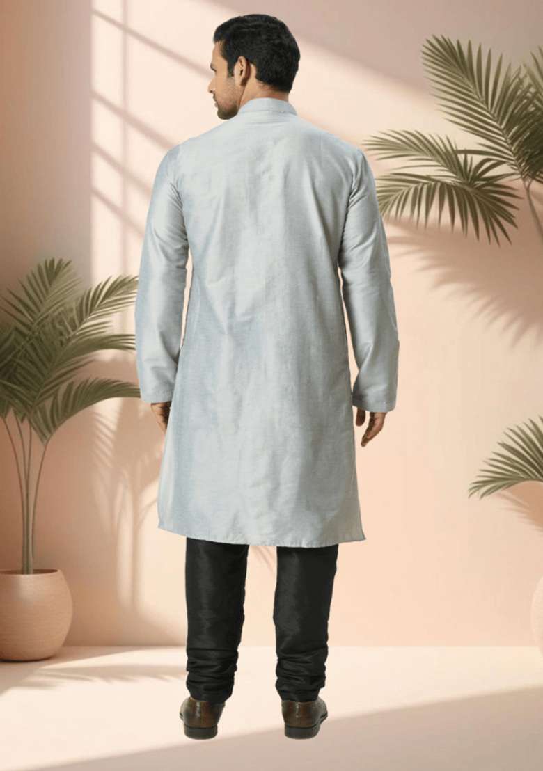 Grey Embroidered Silk Blend Kurta Set For Men - Indya