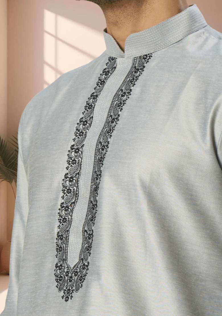 Grey Embroidered Silk Blend Kurta Set For Men - Indya