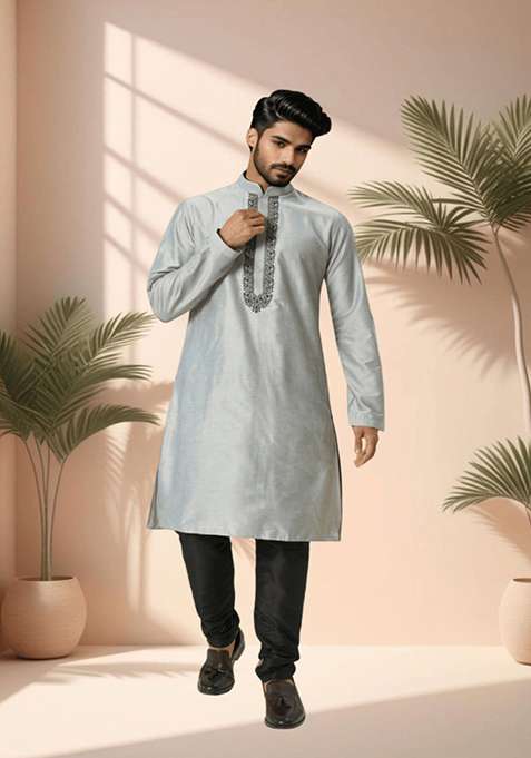 Grey Embroidered Silk Blend Kurta Set For Men