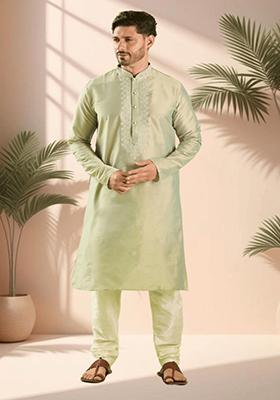Sea Green Embroidered Silk Blend Kurta Set For Men
