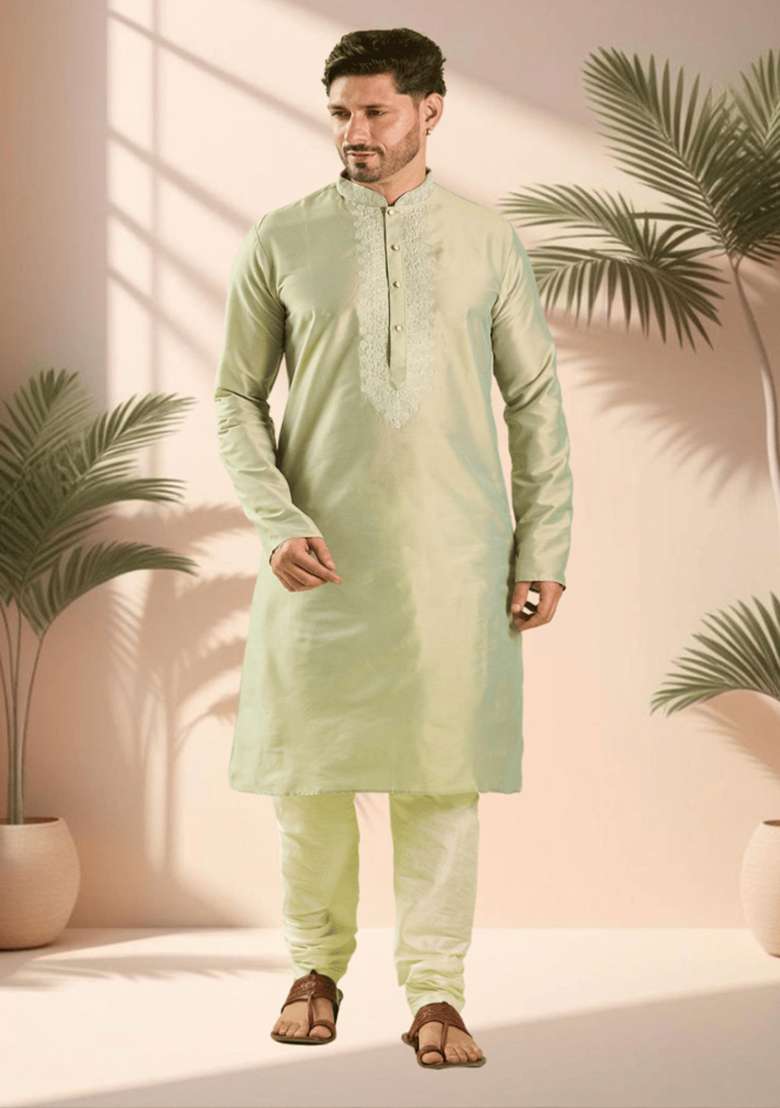Sea Green Embroidered Silk Blend Kurta Set For Men - Indya