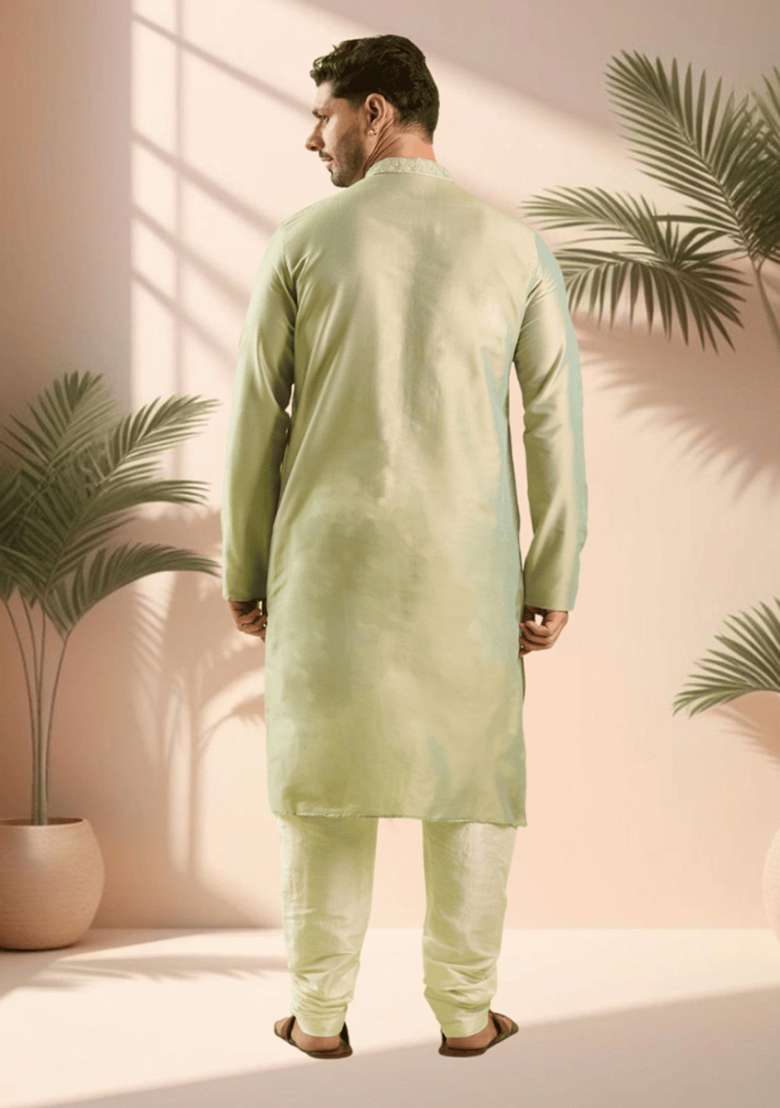 Sea Green Embroidered Silk Blend Kurta Set For Men - Indya